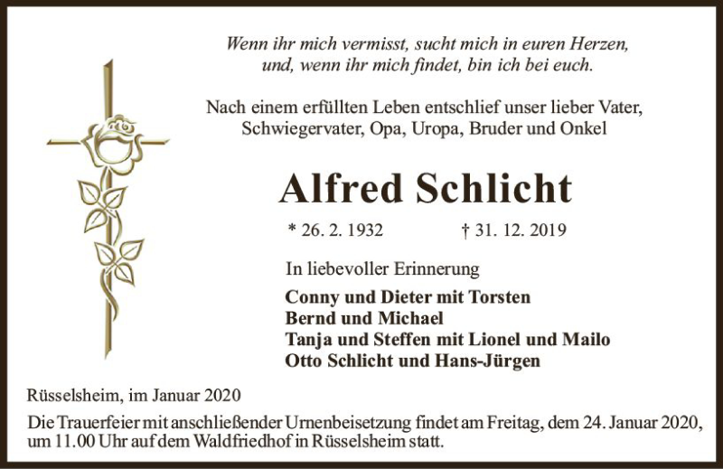  Traueranzeige für Alfred Schlicht vom 18.01.2020 aus vrm-trauer