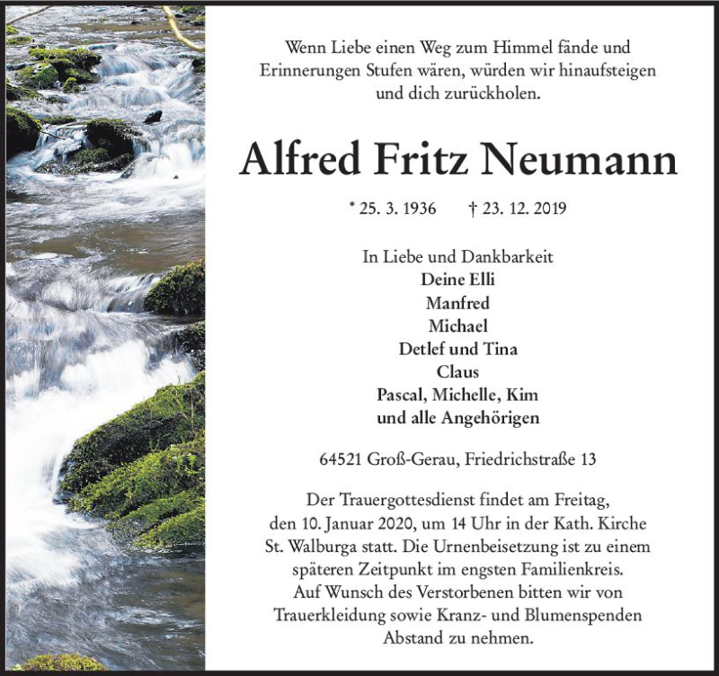  Traueranzeige für Alfred Fritz Neumann vom 04.01.2020 aus vrm-trauer
