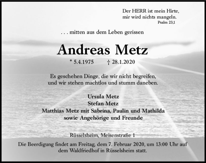  Traueranzeige für Andreas Metz vom 01.02.2020 aus vrm-trauer