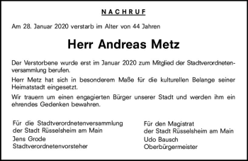 Traueranzeige von Andreas Metz von vrm-trauer