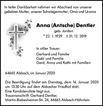 Traueranzeige von Anna Dentler von vrm-trauer