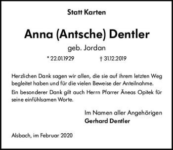 Traueranzeige von Anna Dentler von vrm-trauer