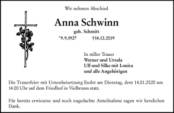 Traueranzeige von Anna Schwinn von vrm-trauer