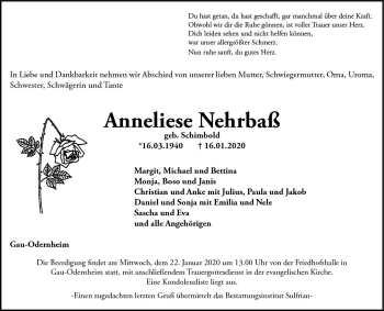 Traueranzeige von Anneliese Nehrbaß von vrm-trauer