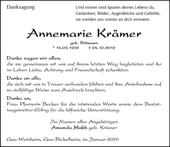 Traueranzeige von Annemarie Krämer von vrm-trauer