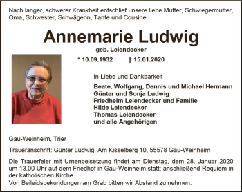 Traueranzeige von Annemarie Ludwig von vrm-trauer