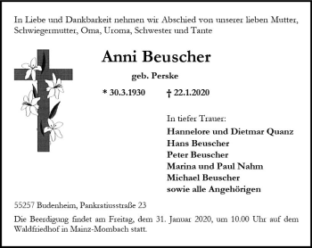 Traueranzeige von Anni Beuscher von vrm-trauer