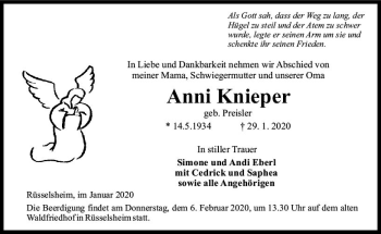 Traueranzeige von Anni Knieper von vrm-trauer