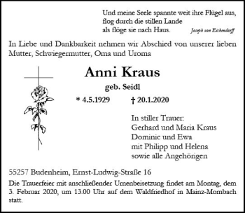 Traueranzeige von Anni Kraus von vrm-trauer