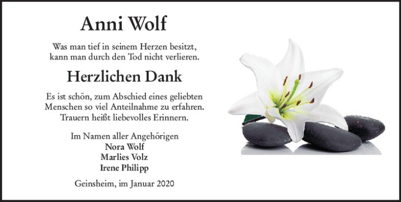  Traueranzeige für Anni Wolf vom 08.01.2020 aus vrm-trauer