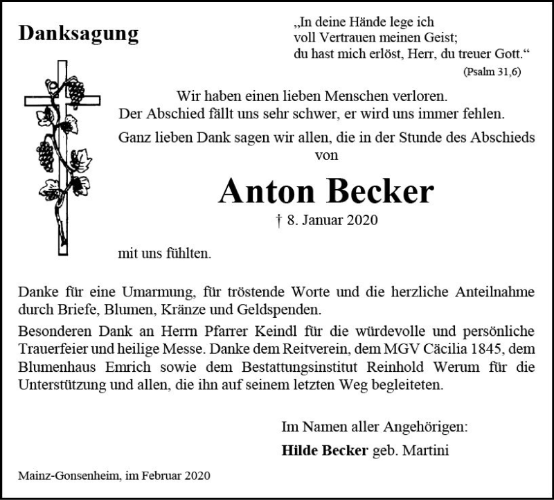  Traueranzeige für Anton Becker vom 01.02.2020 aus vrm-trauer