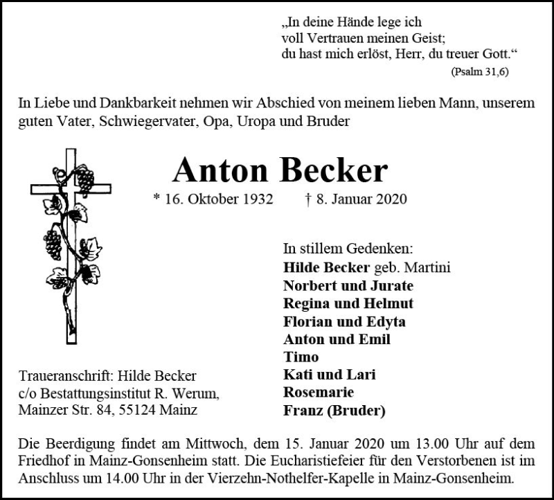  Traueranzeige für Anton Becker vom 11.01.2020 aus vrm-trauer