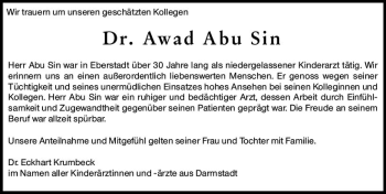 Traueranzeige von Awad Abu sin von vrm-trauer