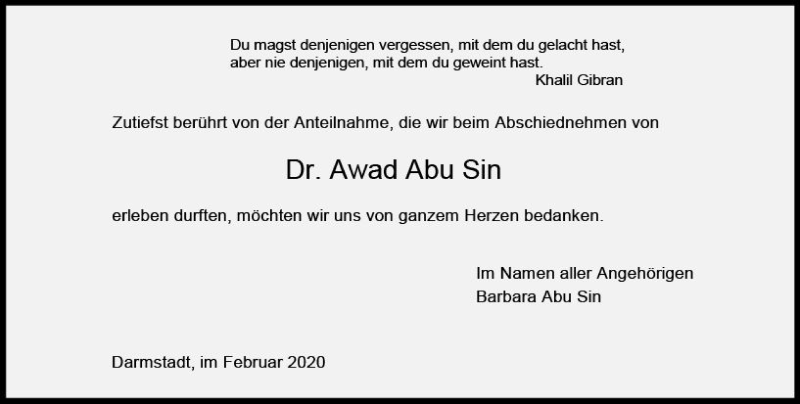  Traueranzeige für Awad Abu Sin vom 01.02.2020 aus vrm-trauer