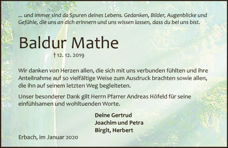  Traueranzeige für Baldur Mathe vom 11.01.2020 aus vrm-trauer