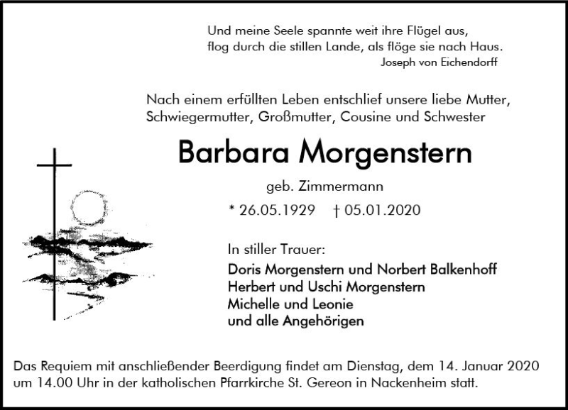  Traueranzeige für Barbara Morgenstern vom 11.01.2020 aus vrm-trauer