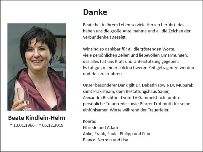  Traueranzeige für Beate Kindlein-Helm vom 18.01.2020 aus vrm-trauer