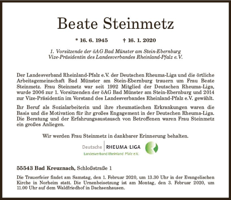  Traueranzeige für Beate Steinmetz vom 25.01.2020 aus vrm-trauer