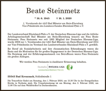 Traueranzeige von Beate Steinmetz von vrm-trauer