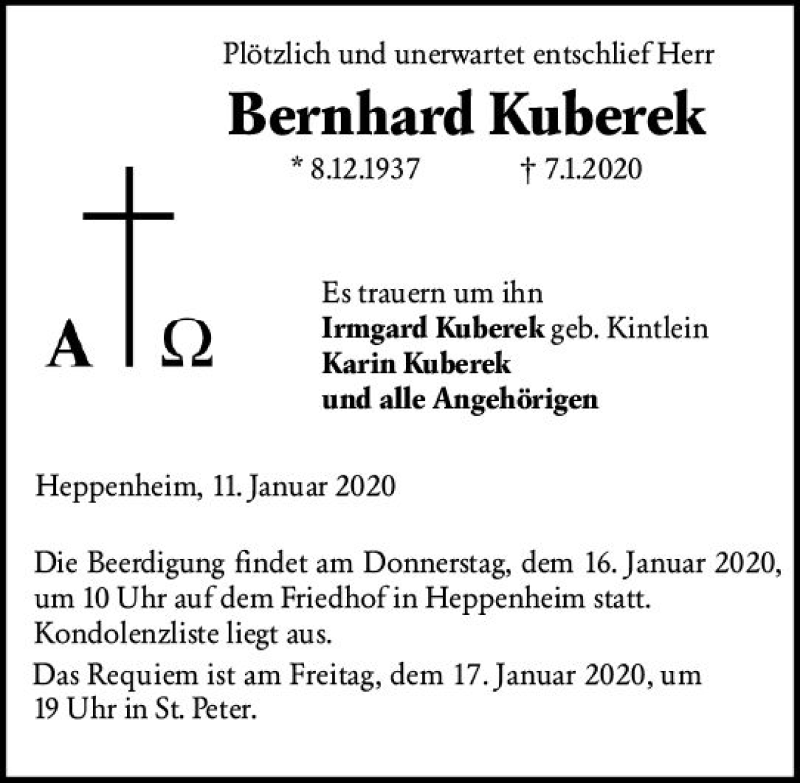  Traueranzeige für Bernhard Kuberek vom 11.01.2020 aus vrm-trauer