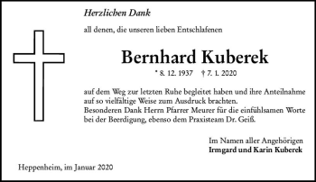 Traueranzeige von Bernhard Kuberek von vrm-trauer