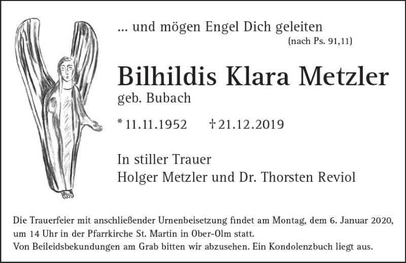  Traueranzeige für Bilhildis Klara Metzler vom 02.01.2020 aus vrm-trauer