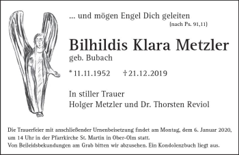 Traueranzeige von Bilhildis Klara Metzler von vrm-trauer