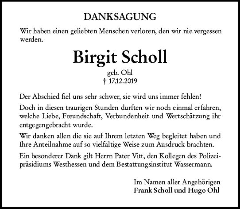  Traueranzeige für Birgit Scholl vom 18.01.2020 aus vrm-trauer