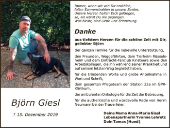 Traueranzeige von Björn Giesl von vrm-trauer