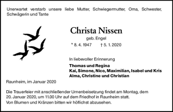 Traueranzeige von Christa Nissen von vrm-trauer