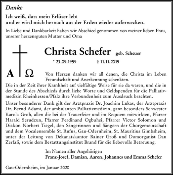 Traueranzeige von Christa Schefer von vrm-trauer
