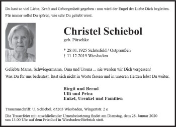 Traueranzeige von Christel Schiebol von vrm-trauer