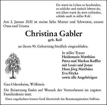 Traueranzeige von Christina Gabler von vrm-trauer