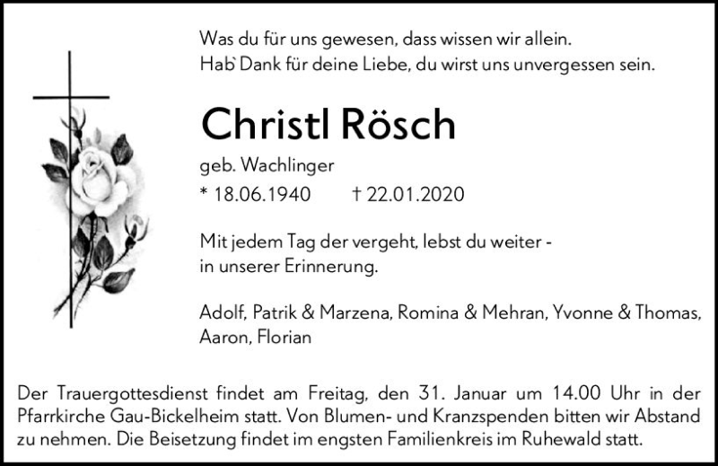  Traueranzeige für Christl Rösch vom 28.01.2020 aus vrm-trauer