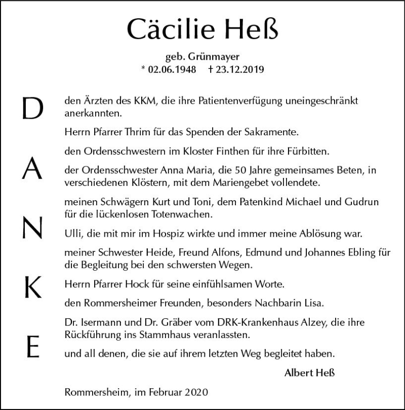  Traueranzeige für Cäcilie Heß vom 01.02.2020 aus vrm-trauer