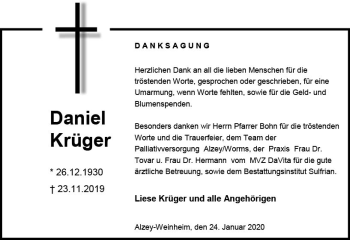 Traueranzeige von Daniel Krüger von vrm-trauer