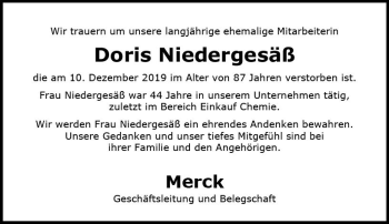 Traueranzeige von Doris Niedergesäß von vrm-trauer