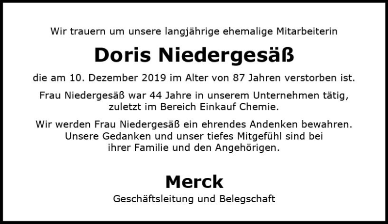  Traueranzeige für Doris Niedergesäß vom 11.01.2020 aus vrm-trauer