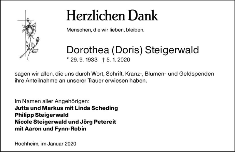  Traueranzeige für Dorothea Steigerwald vom 24.01.2020 aus vrm-trauer