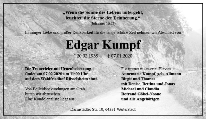 Traueranzeige für Edgar Kumpf vom 25.01.2020 aus vrm-trauer