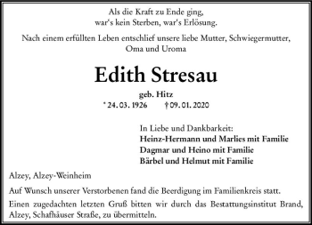 Traueranzeige von Edith Stresau von vrm-trauer