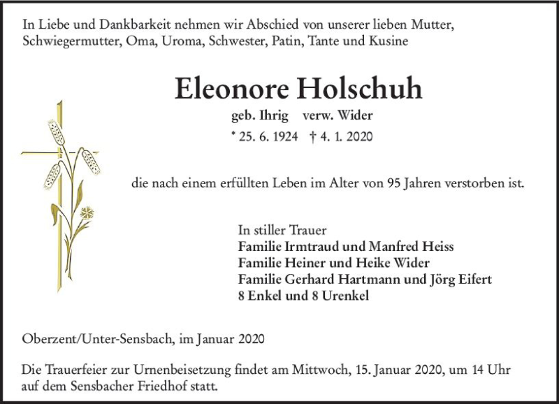  Traueranzeige für Eleonore Holschuh vom 11.01.2020 aus vrm-trauer