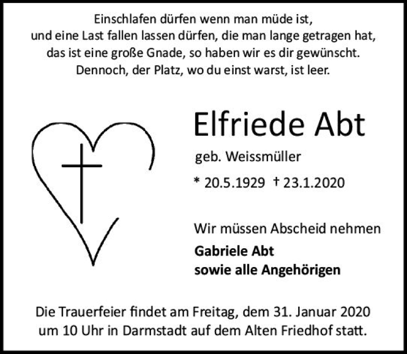  Traueranzeige für Elfriede Abt vom 29.01.2020 aus vrm-trauer