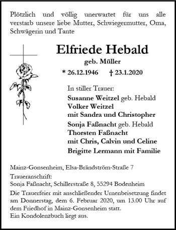 Traueranzeige von Elfriede Hebald von vrm-trauer