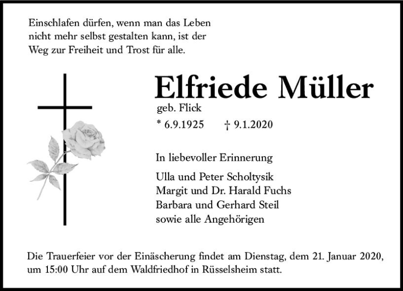  Traueranzeige für Elfriede Müller vom 18.01.2020 aus vrm-trauer