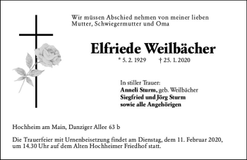 Traueranzeige von Elfriede Weilbächer von vrm-trauer