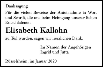Traueranzeige von Elisabeth Kallohn von vrm-trauer