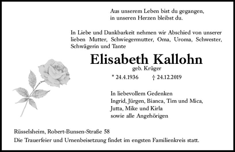  Traueranzeige für Elisabeth Kallohn vom 04.01.2020 aus vrm-trauer
