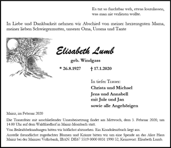 Traueranzeige von Elisabeth Lumb von vrm-trauer