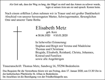 Traueranzeige von Elisabeth Metz von vrm-trauer
